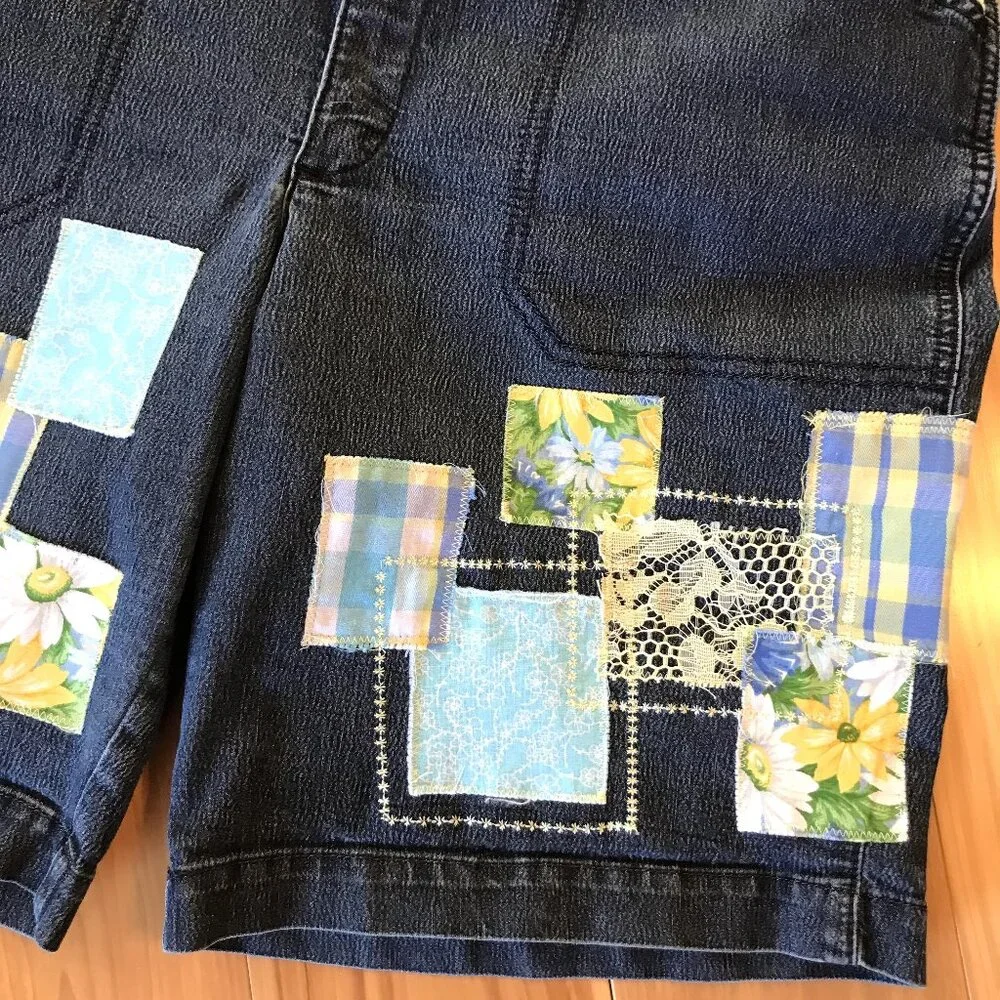 Upcycled Denim Jean Shorts, Boho Patchwork Decorative Stitching Size 14